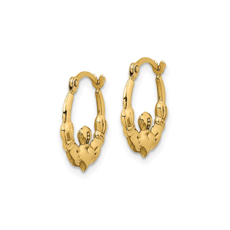14k Yellow Gold Claddagh Hoop Earrings with Crowned Heart and Hands Design, Celtic Symbol for Women