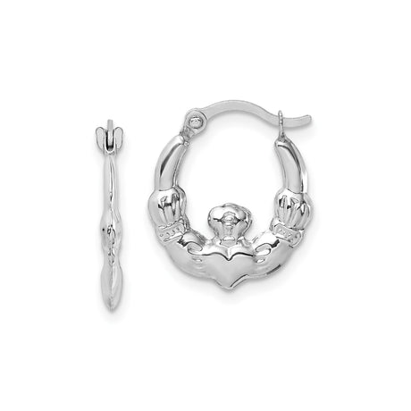 14k White Gold Claddagh Hoop Earrings, Heart Hands Crown Irish Heritage Jewelry for Women