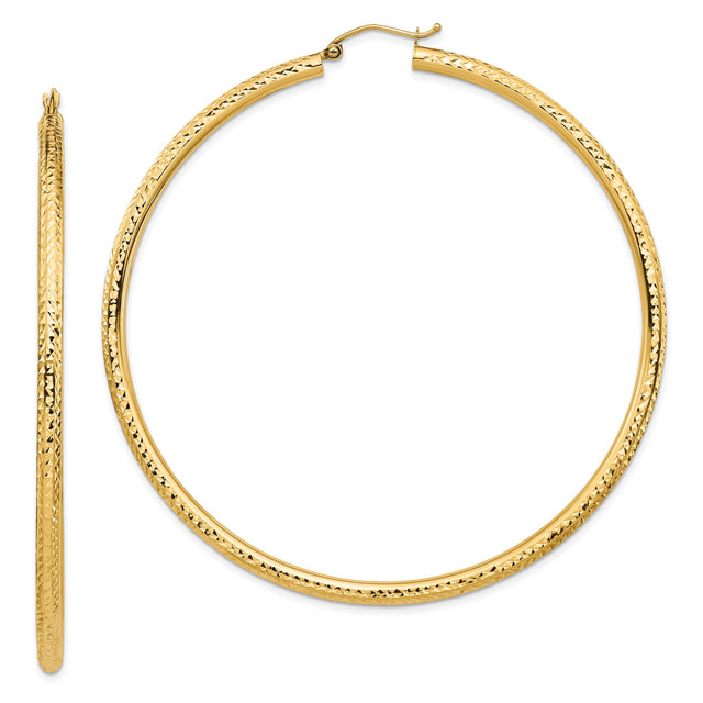 14k Yellow Gold Hoop Earrings, Diamond-Cut Texture, High-Polish Finish, Lightweight Classic Style