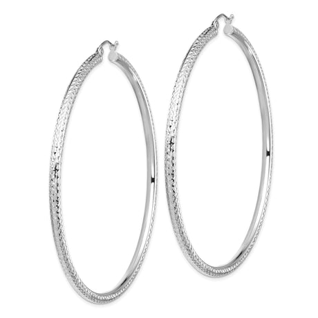 14k White Gold Hoop Earrings with Polished Diamond Cut Texture, Lightweight Classic Design