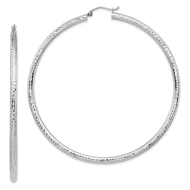 14k White Gold Hoop Earrings with Polished Diamond Cut Texture, Lightweight Classic Design