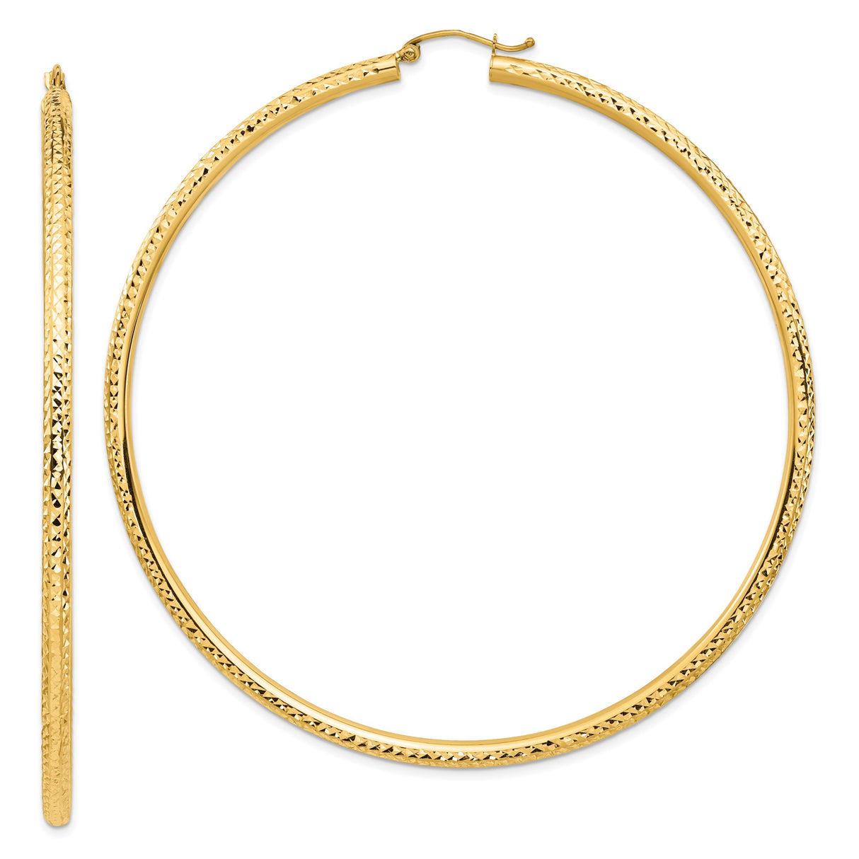 14k Yellow Gold Hoop Earrings, Diamond Cut Textured Classic Round Hoops for Women