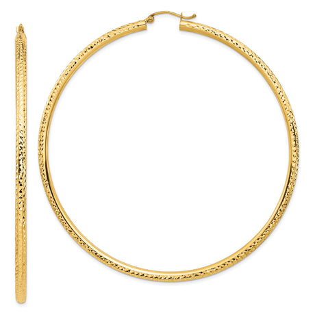 14k Yellow Gold Hoop Earrings, Diamond Cut Textured Classic Round Hoops for Women