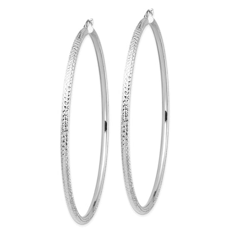 14k White Gold Hoop Earrings with Diamond Cut Design, Textured High Polish Finish, Lightweight Style