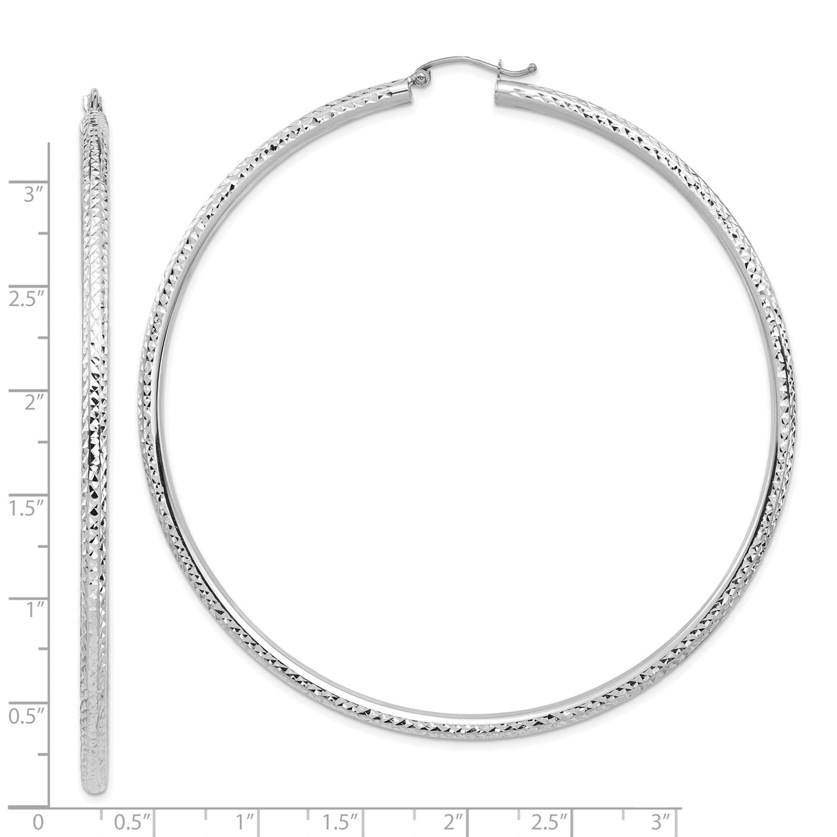 14k White Gold Hoop Earrings with Diamond Cut Design, Textured High Polish Finish, Lightweight Style
