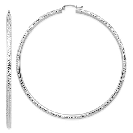 14k White Gold Hoop Earrings with Diamond Cut Design, Textured High Polish Finish, Lightweight Style