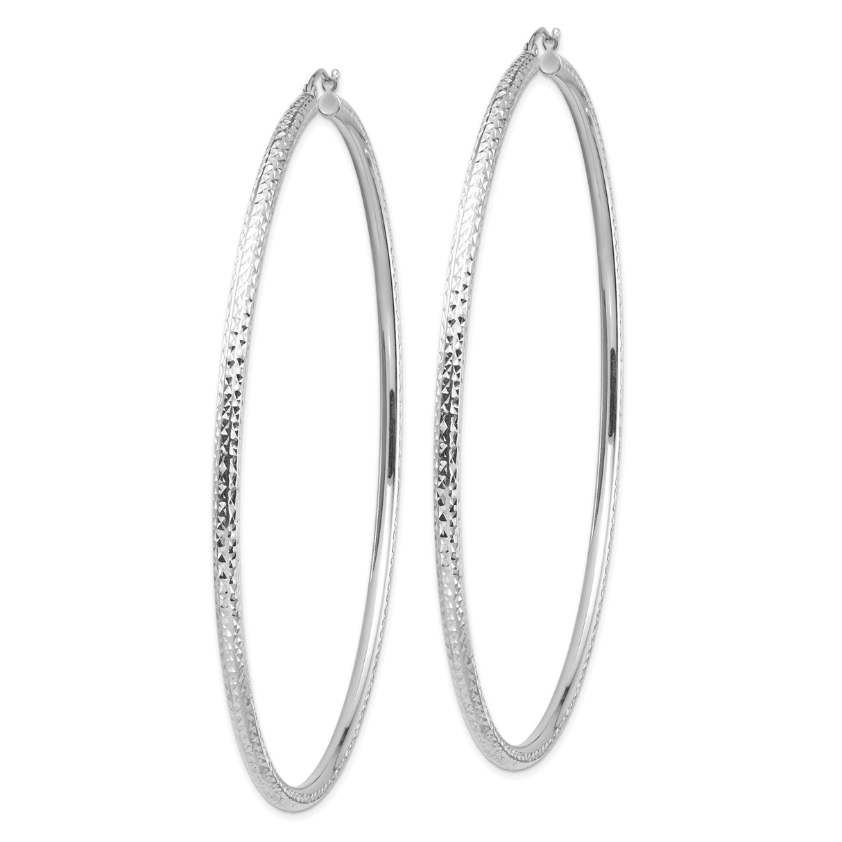 14k White Gold Hoop Earrings, Large Lightweight Round Design with Diamond Cut Texture