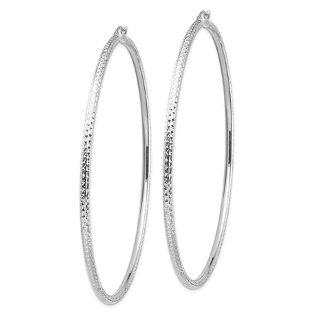 14k White Gold Hoop Earrings, Large Lightweight Round Design with Diamond Cut Texture