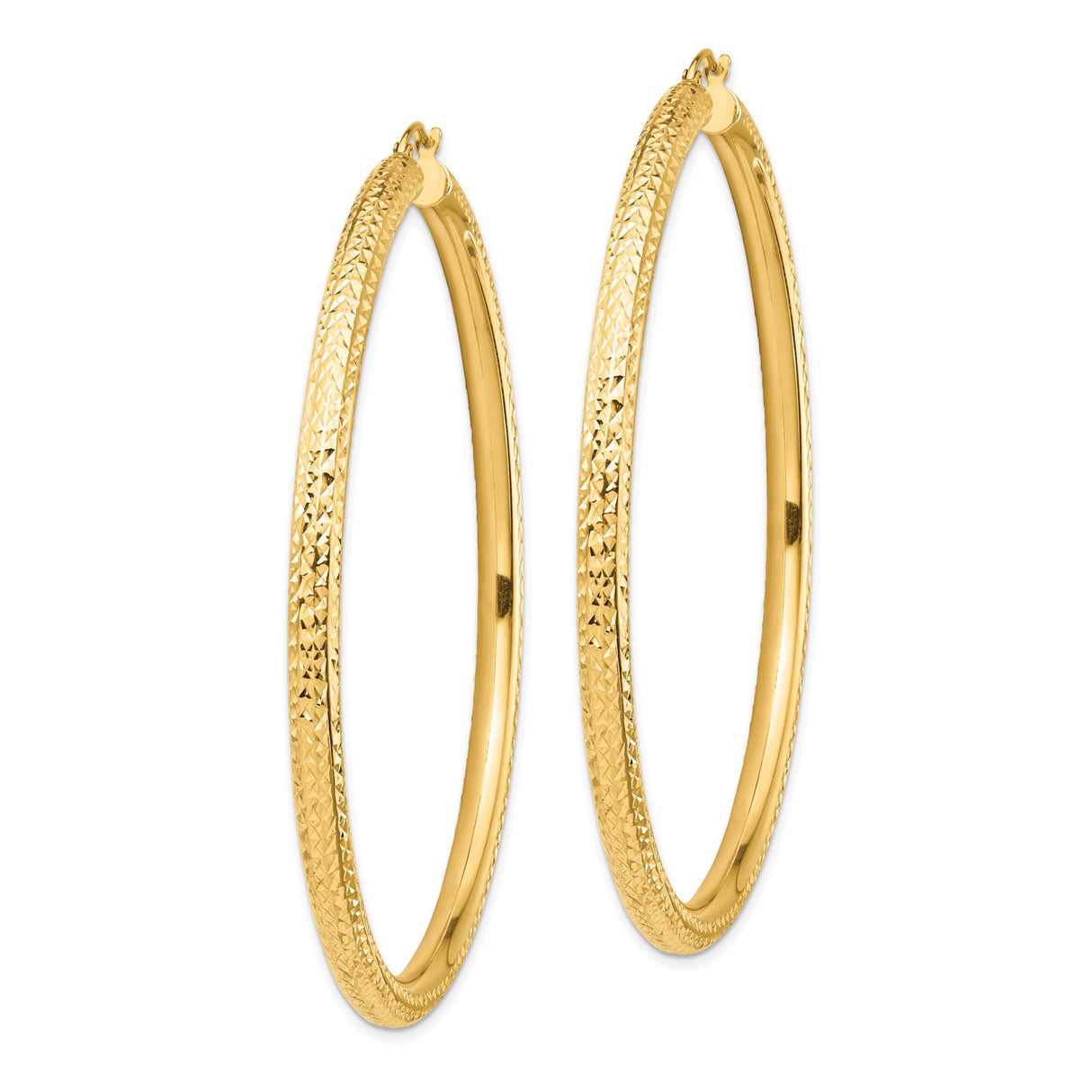 14k Yellow Gold Hoop Earrings, Textured Diamond-Cut Large Lightweight Design for Women