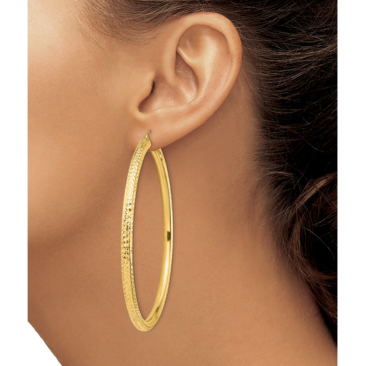14k Yellow Gold Hoop Earrings, Textured Diamond-Cut Large Lightweight Design for Women