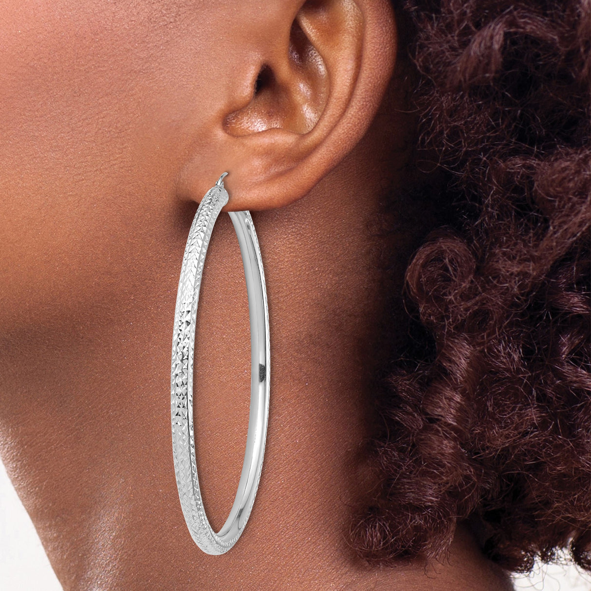 14k White Gold Hoop Earrings, Diamond Cut Textured Hoops with Polished Finish