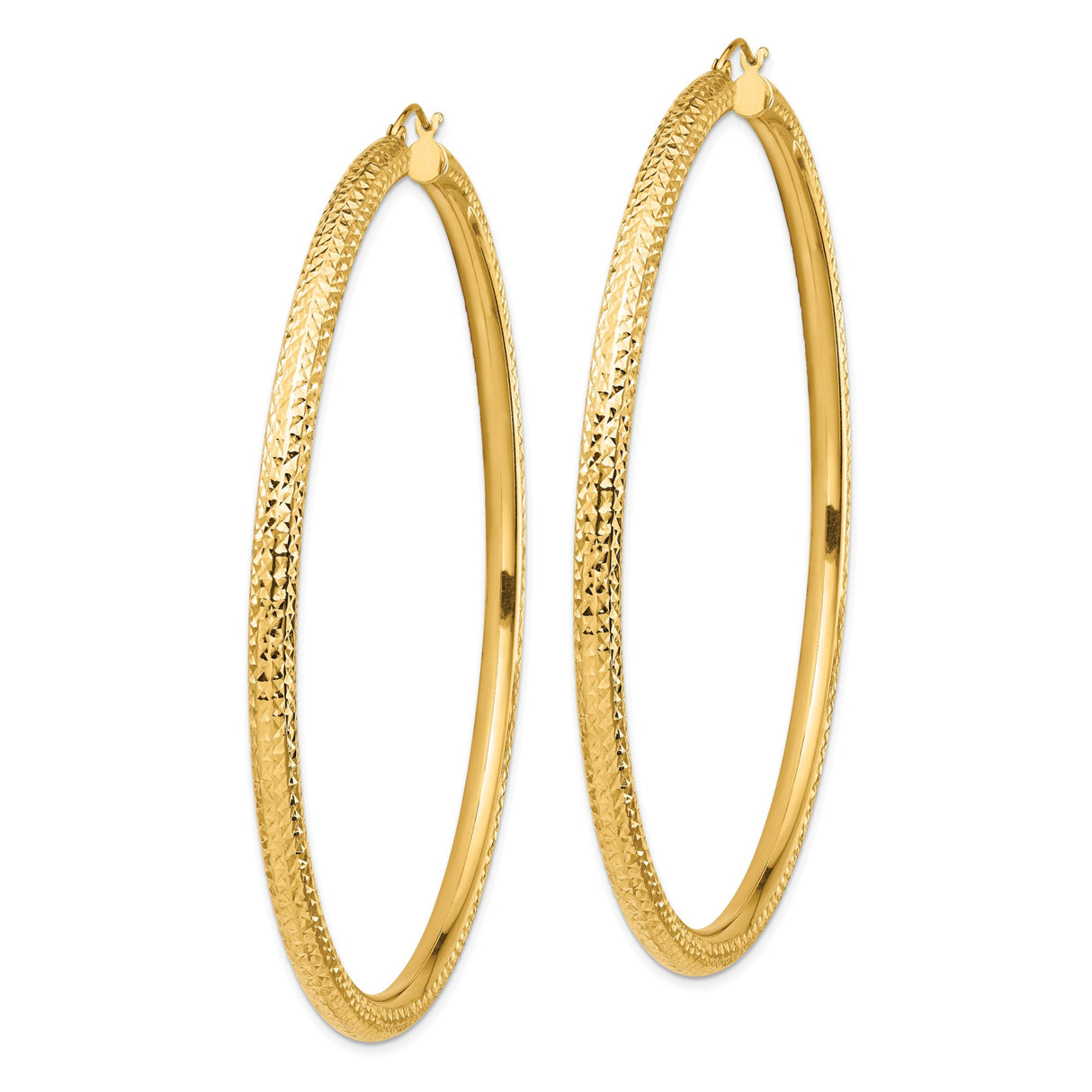 14k Yellow Gold Hoop Earrings, Large Textured Diamond Cut Polished Round Hoops for Women