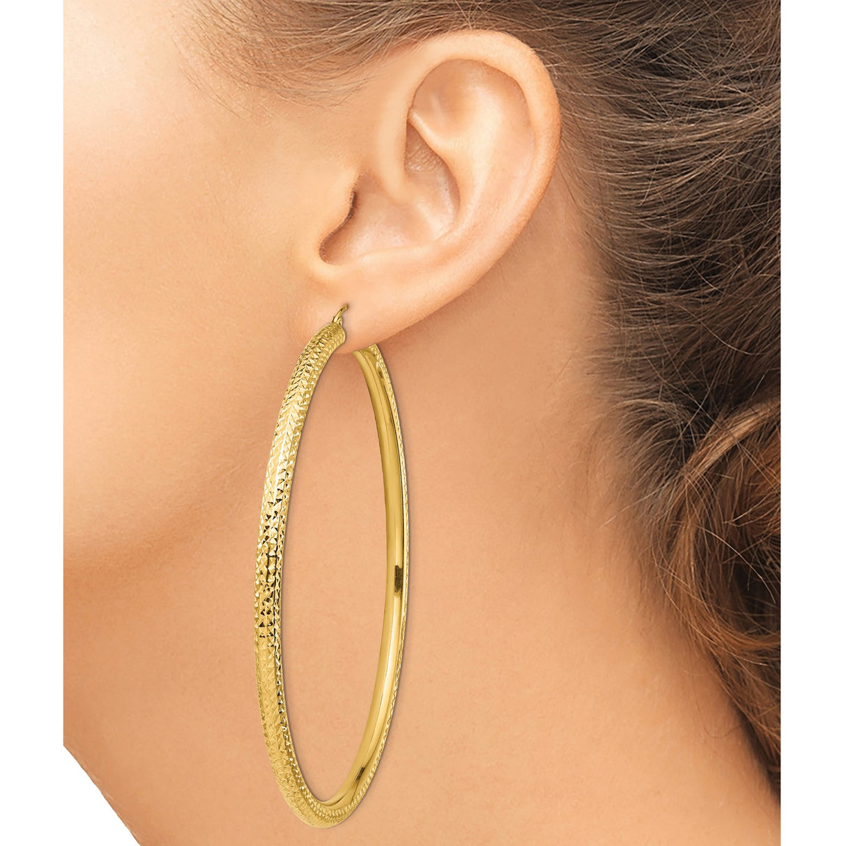 14k Yellow Gold Hoop Earrings, Large Textured Diamond Cut Polished Round Hoops for Women