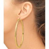 14k Yellow Gold Hoop Earrings, Large Textured Diamond Cut Polished Round Hoops for Women