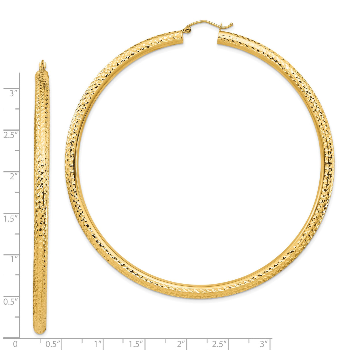 14k Yellow Gold Hoop Earrings, Large Textured Diamond Cut Polished Round Hoops for Women