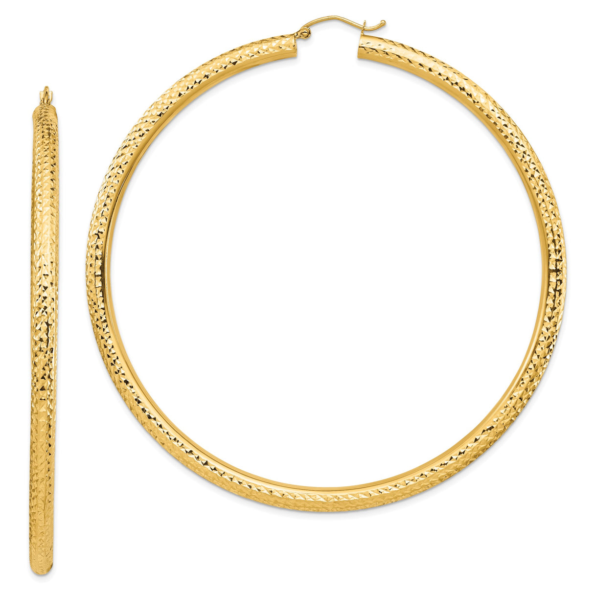 14k Yellow Gold Hoop Earrings, Large Textured Diamond Cut Polished Round Hoops for Women