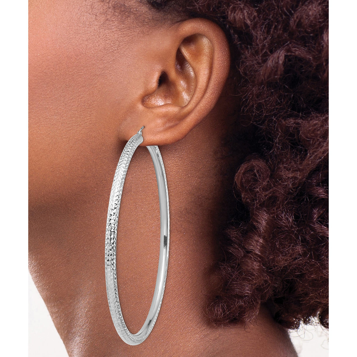 14k White Gold Hoop Earrings with Diamond Cut Design, Textured Lightweight Classic Style for Women
