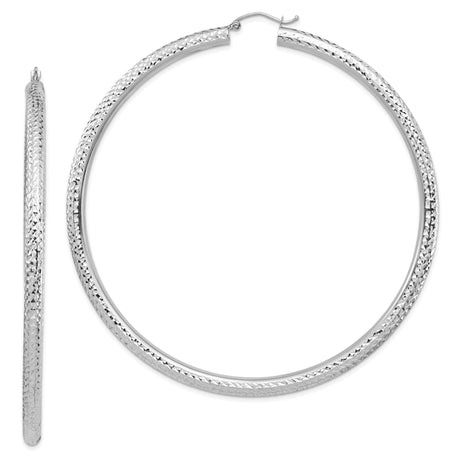 14k White Gold Hoop Earrings with Diamond Cut Design, Textured Lightweight Classic Style for Women