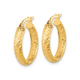 14k Yellow Gold Hoop Earrings with Textured Diamond Cut Design, Medium Size for Women