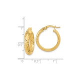 14k Yellow Gold Hoop Earrings with Textured Diamond Cut Design, Medium Size for Women