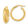 14k Yellow Gold Hoop Earrings with Textured Diamond Cut Design, Medium Size for Women