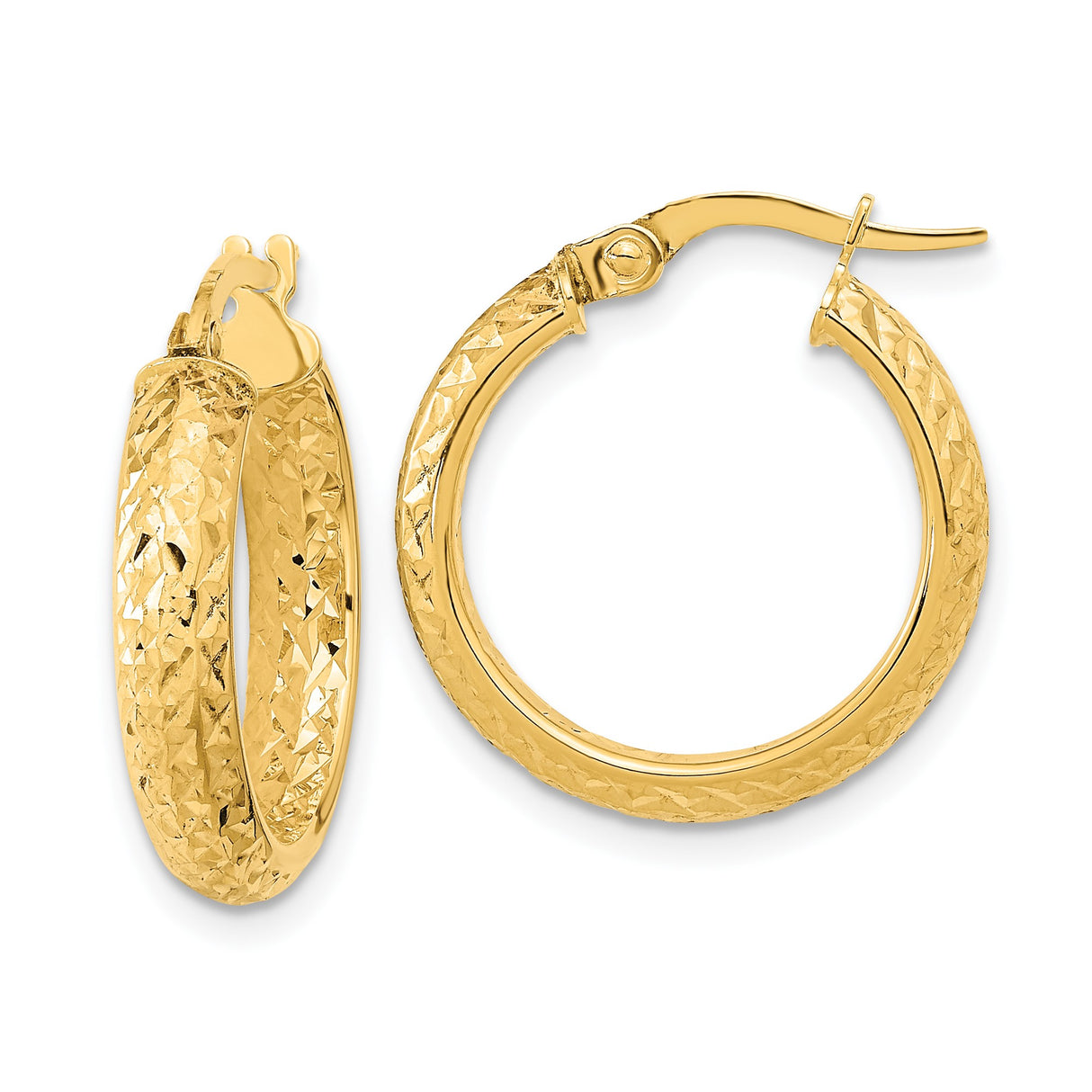 14k Yellow Gold Hoop Earrings with Textured Diamond Cut Design, Medium Size for Women