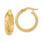 14k Yellow Gold Hoop Earrings with Textured Diamond Cut Design, Medium Size for Women