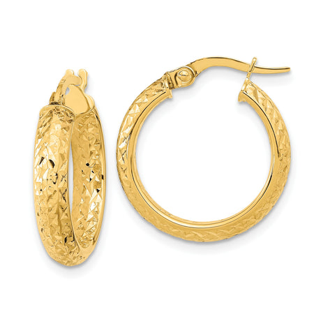 14k Yellow Gold Hoop Earrings with Textured Diamond Cut Design, Medium Size for Women