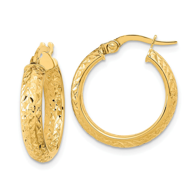 14k Yellow Gold Hoop Earrings with Textured Diamond Cut Design, Medium Size for Women