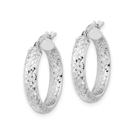 14k White Gold Hoop Earrings, Polished Diamond-Cut Texture with Mirror Finish