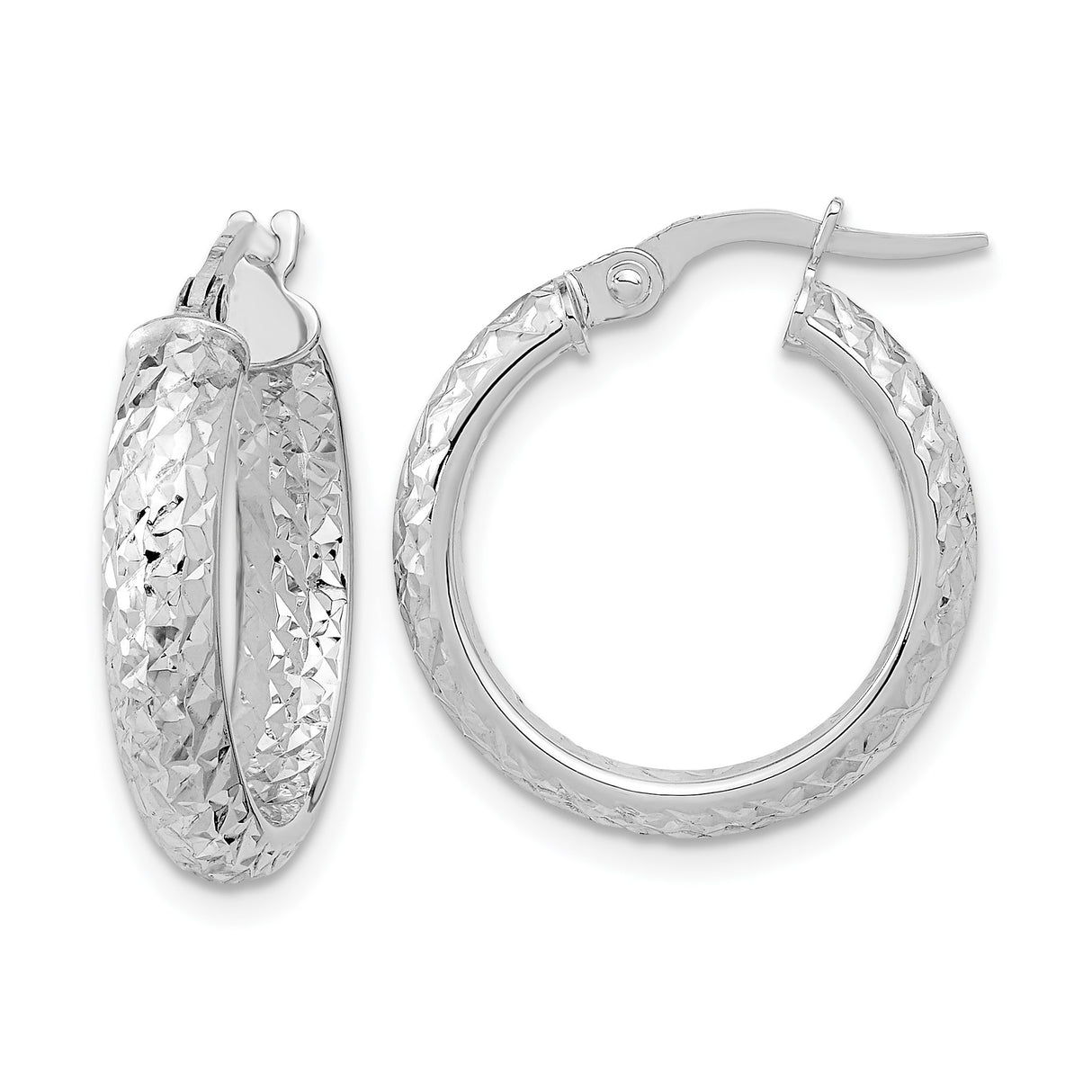 14k White Gold Hoop Earrings, Polished Diamond-Cut Texture with Mirror Finish