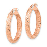 14k Rose Gold Hoop Earrings, Textured Diamond Cut with Hammered Pattern, Latch Back Closure