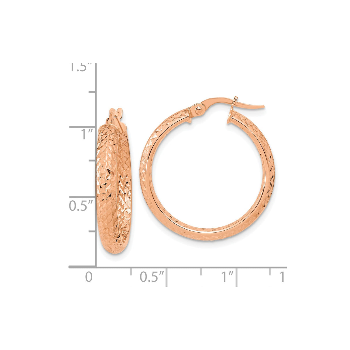 14k Rose Gold Hoop Earrings, Textured Diamond Cut with Hammered Pattern, Latch Back Closure