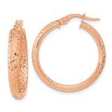 14k Rose Gold Hoop Earrings, Textured Diamond Cut with Hammered Pattern, Latch Back Closure