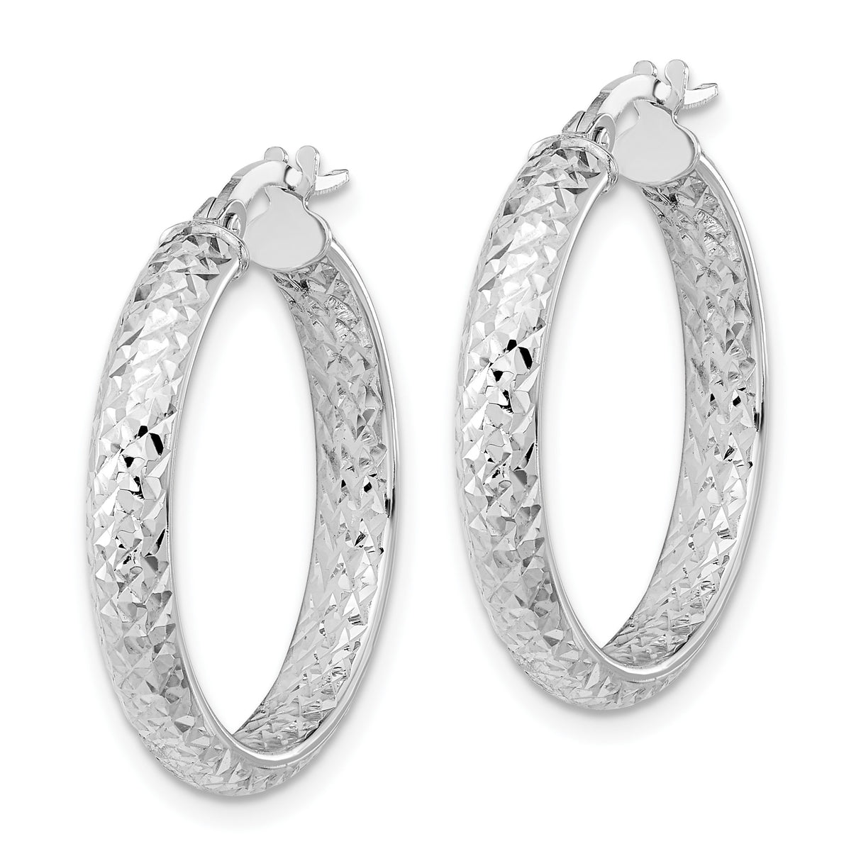 White Gold Hoop Earrings, Diamond Cut Finish, Latch Back, Lightweight Everyday Jewelry