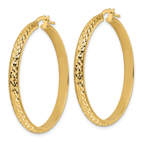 14k Yellow Gold Hoop Earrings, Diamond Cut with Textured High Polish Finish, Lightweight Round Style