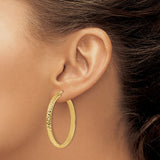 14k Yellow Gold Hoop Earrings, Diamond Cut with Textured High Polish Finish, Lightweight Round Style