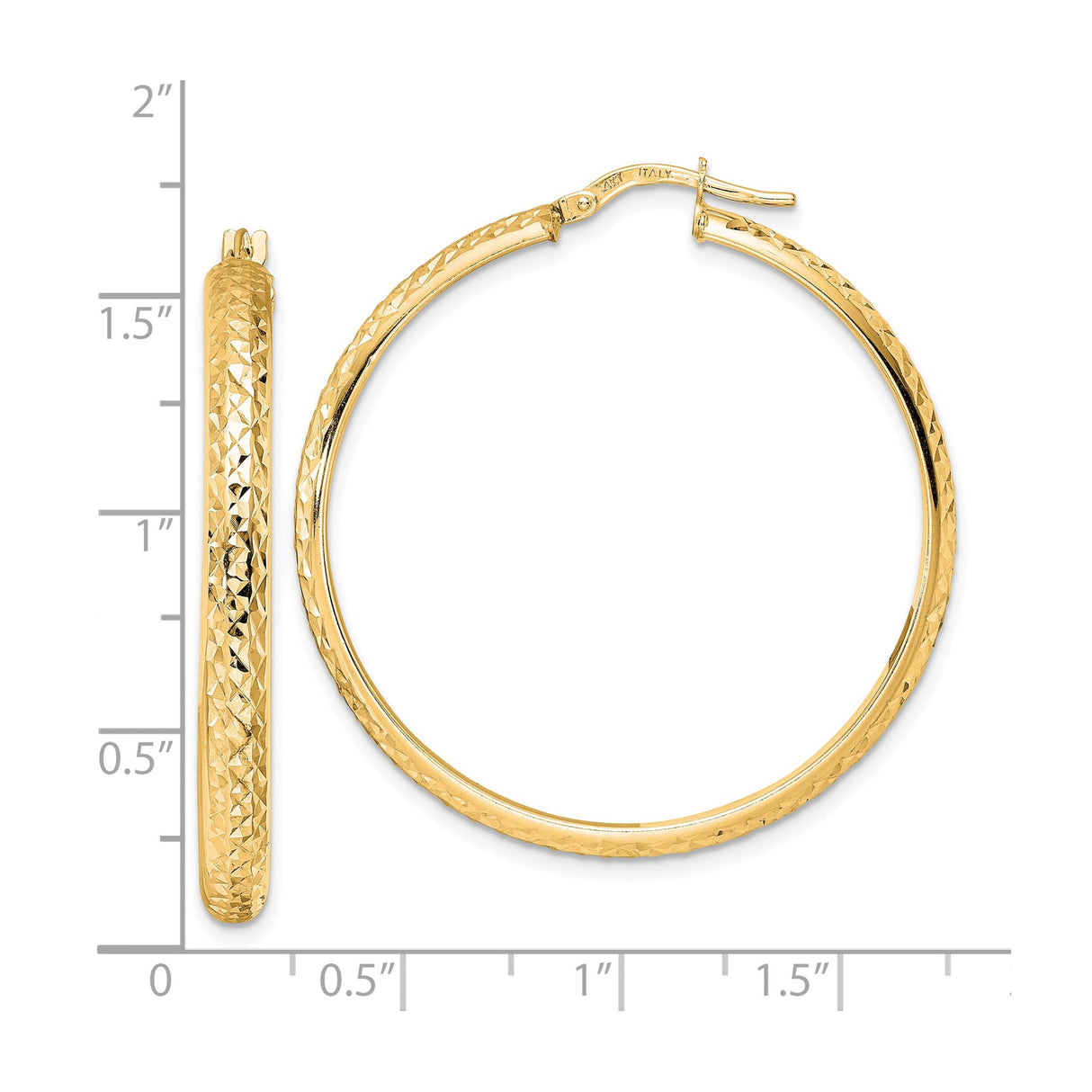 14k Yellow Gold Hoop Earrings, Diamond Cut with Textured High Polish Finish, Lightweight Round Style