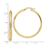 14k Yellow Gold Hoop Earrings, Diamond Cut with Textured High Polish Finish, Lightweight Round Style
