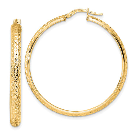 14k Yellow Gold Hoop Earrings, Diamond Cut with Textured High Polish Finish, Lightweight Round Style