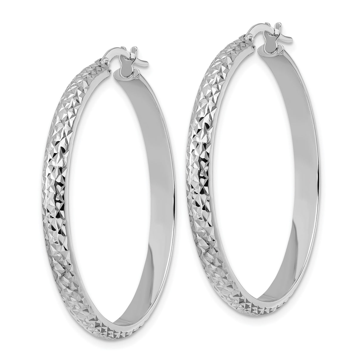 14k White Gold Hoop Earrings, Diamond Cut Textured High Polish, Lightweight Italian Style