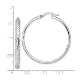 14k White Gold Hoop Earrings, Diamond Cut Textured High Polish, Lightweight Italian Style