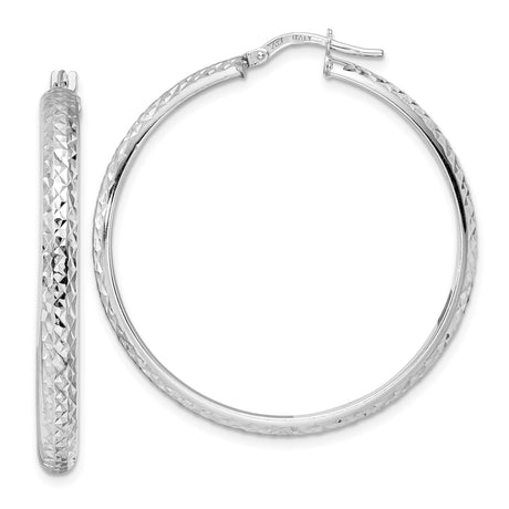 14k White Gold Hoop Earrings, Diamond Cut Textured High Polish, Lightweight Italian Style