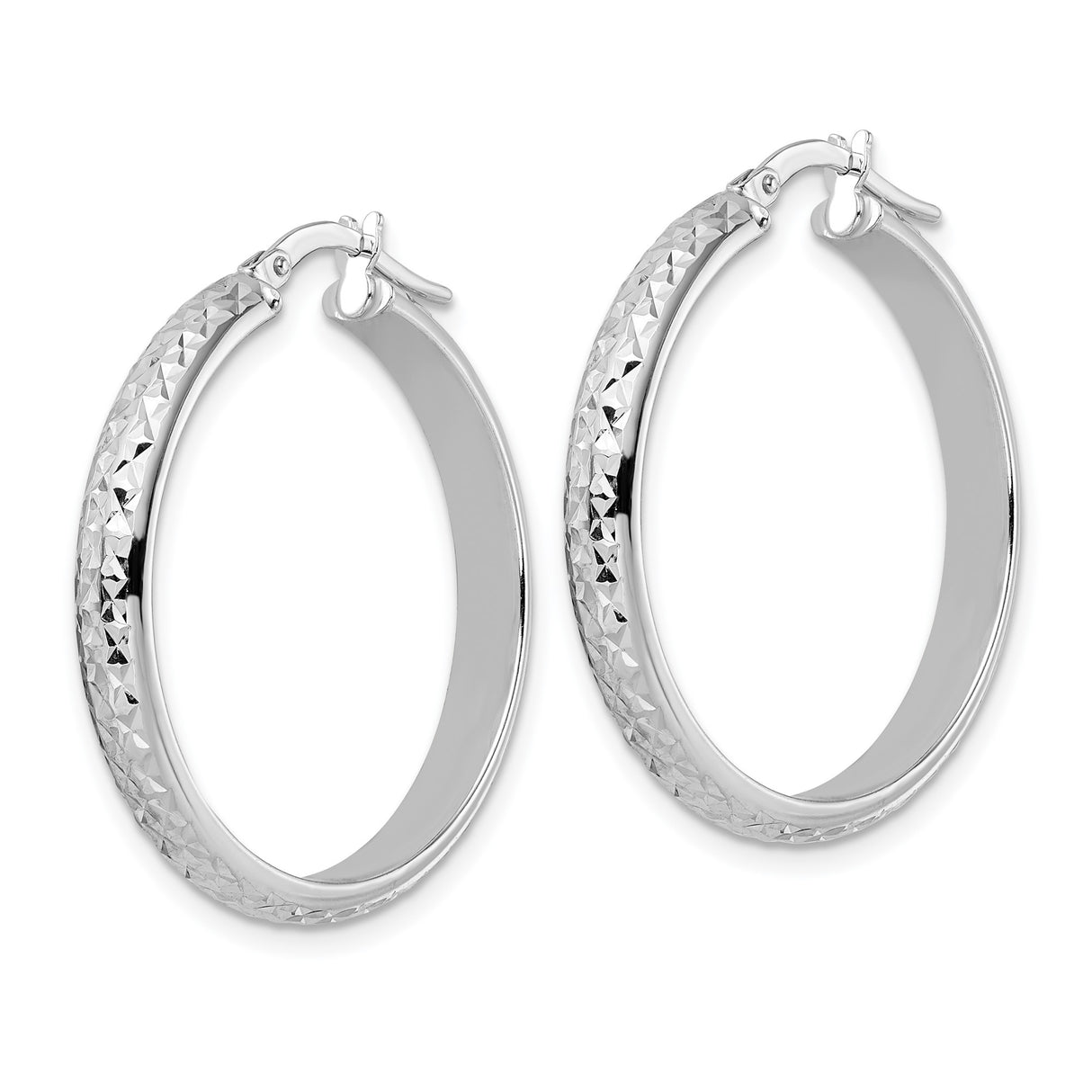 14k White Gold Hoop Earrings with Textured Diamond Cut Finish, Lightweight Sparkly Design