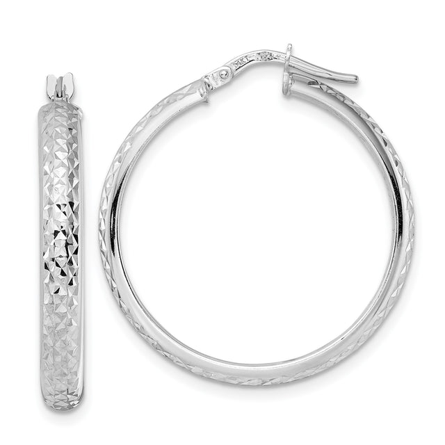 14k White Gold Hoop Earrings with Textured Diamond Cut Finish, Lightweight Sparkly Design