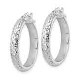 14k White Gold Hoop Earrings, Textured Diamond Cut Design, Polished Finish, Latch Back Closure