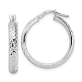14k White Gold Hoop Earrings, Textured Diamond Cut Design, Polished Finish, Latch Back Closure
