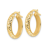 14k Yellow Gold Hoop Earrings, Polished Diamond-Cut Textured Round Hoops with Latch-Back Closure