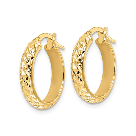 14k Yellow Gold Hoop Earrings, Polished Diamond-Cut Textured Round Hoops with Latch-Back Closure