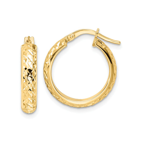 14k Yellow Gold Hoop Earrings, Polished Diamond-Cut Textured Round Hoops with Latch-Back Closure